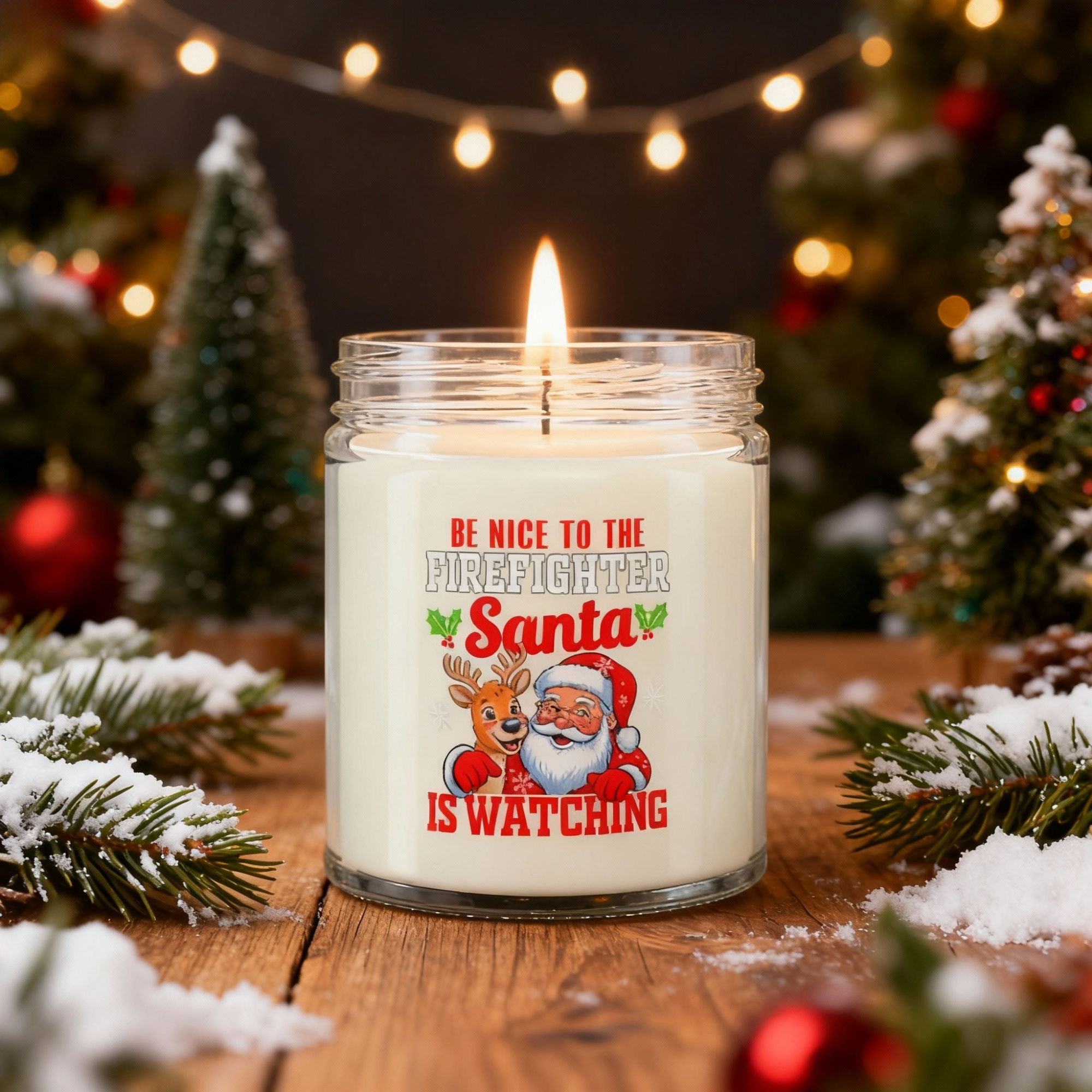 Be Nice To The Firefighter Santa Is Watching Candle