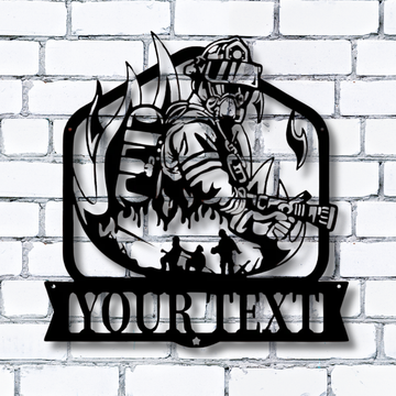 Firefighter With Hose Custom Metal Sign - Personalized Wall Art