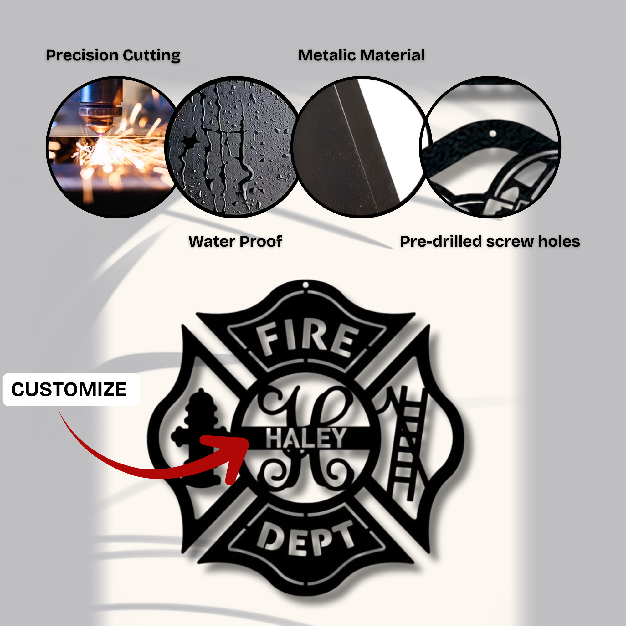 Ornate Maltese Cross Fire Badge Custom Name Metal Sign - Personalized Wall Art