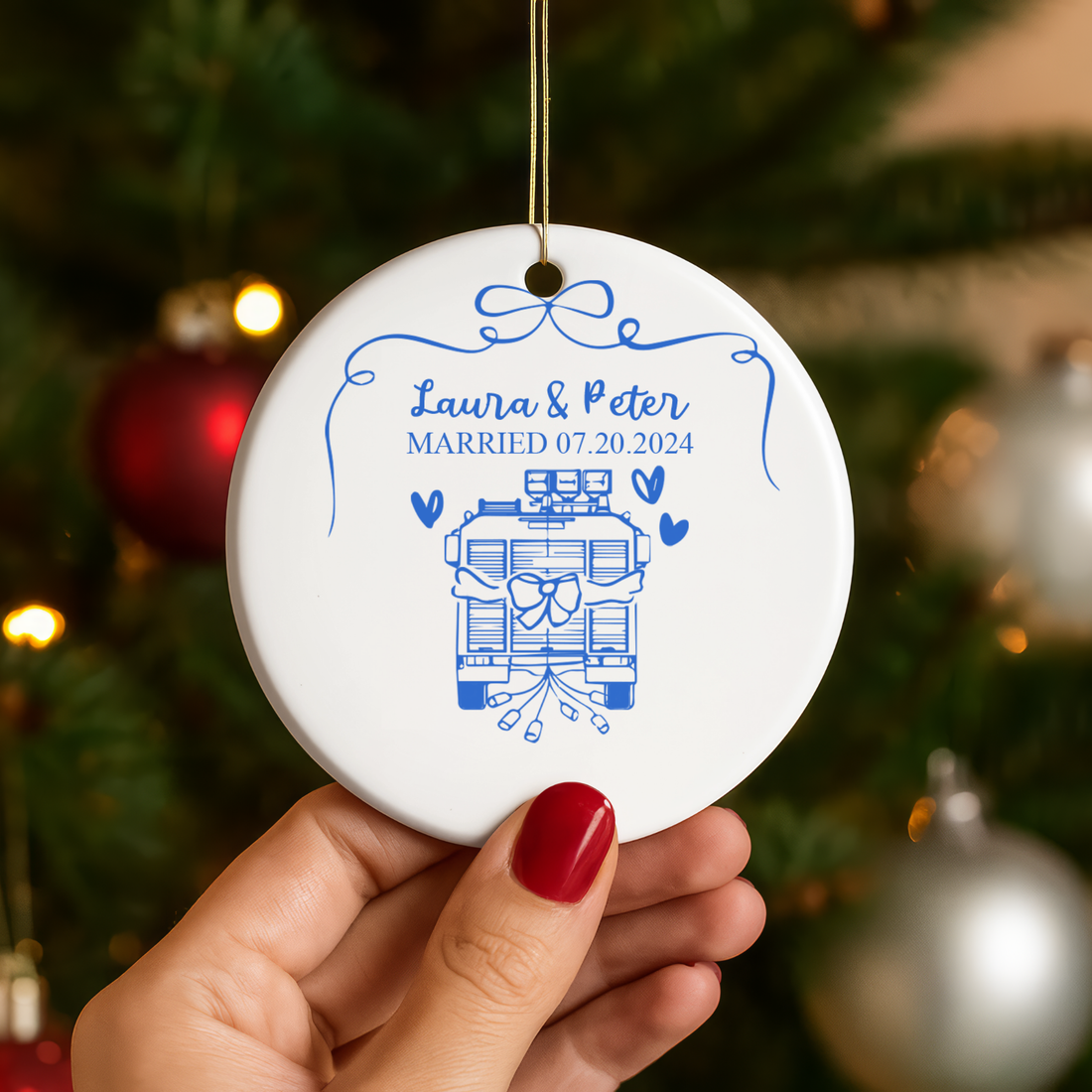 Personalized Firefighter Wedding Ornament - Custom Couple Names&Date Fire Truck