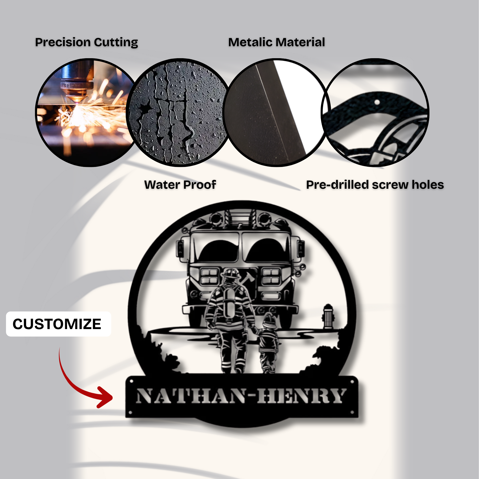 Metallschild mit individuellem Namen „Feuerwehrmann-Papa und sein Kind“ – Personalisierte Wanddekoration