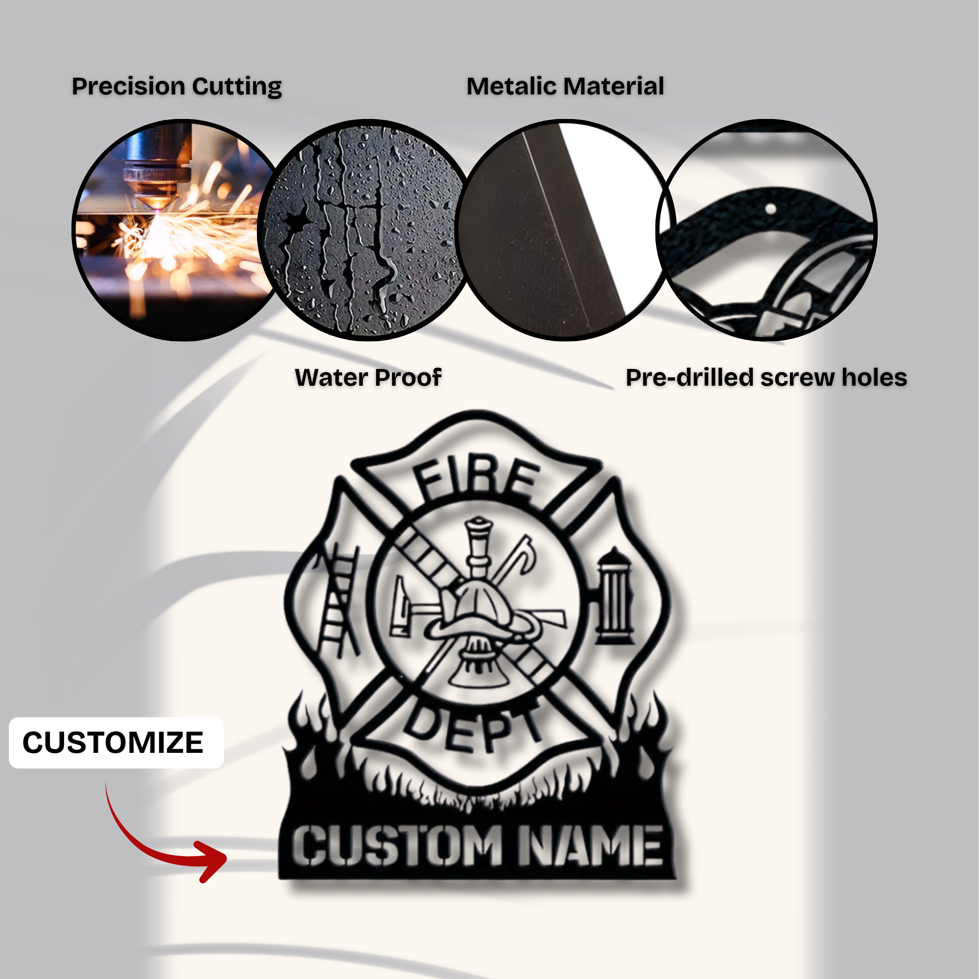 Feuerwehr-Malteserkreuz-Metallschild mit individuellem Namen – Personalisierte Wanddekoration für die Feuerwehr