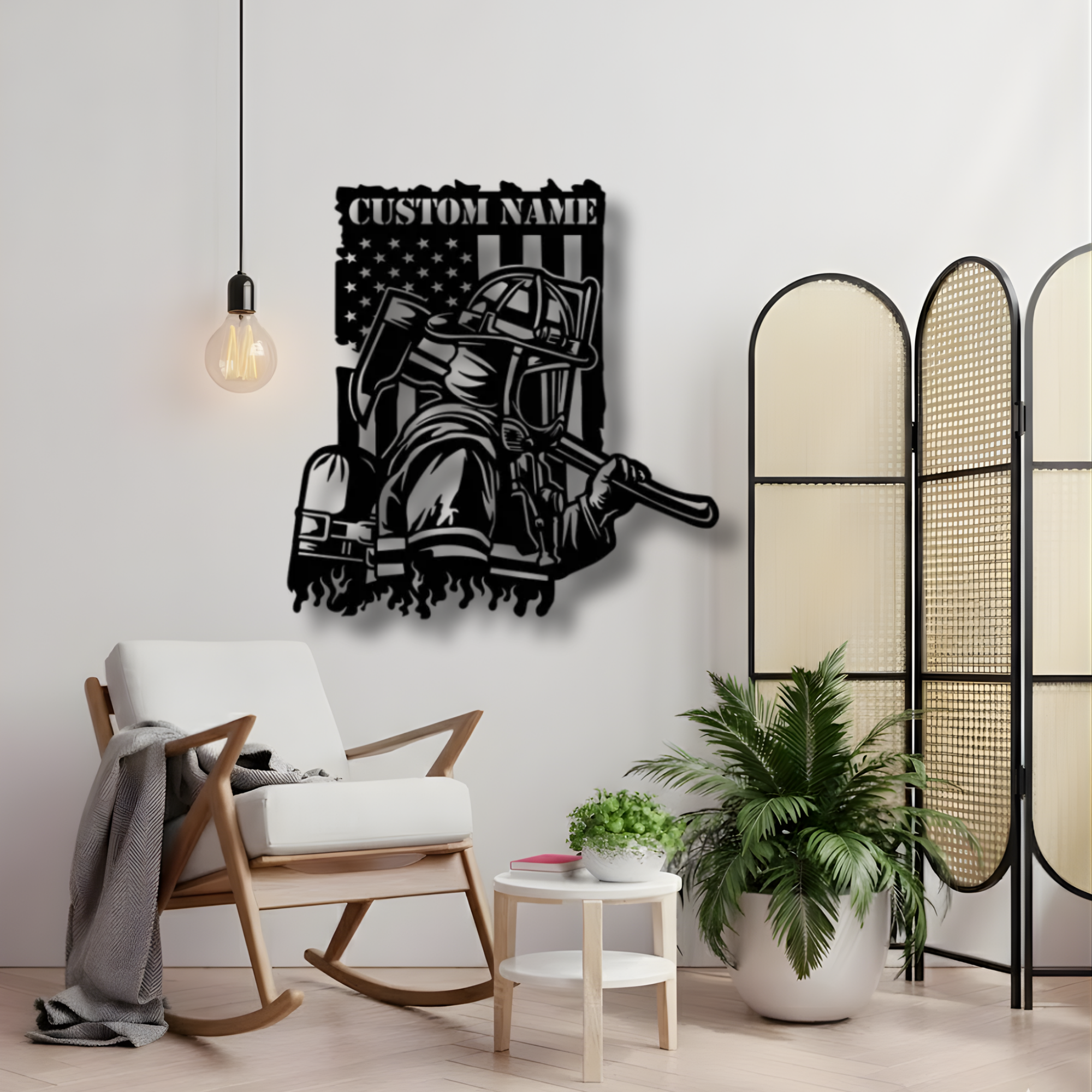 Feuerwehrmaske mit gekreuzten Äxten – Individuelles Namensschild aus Metall – Personalisierte Wanddekoration