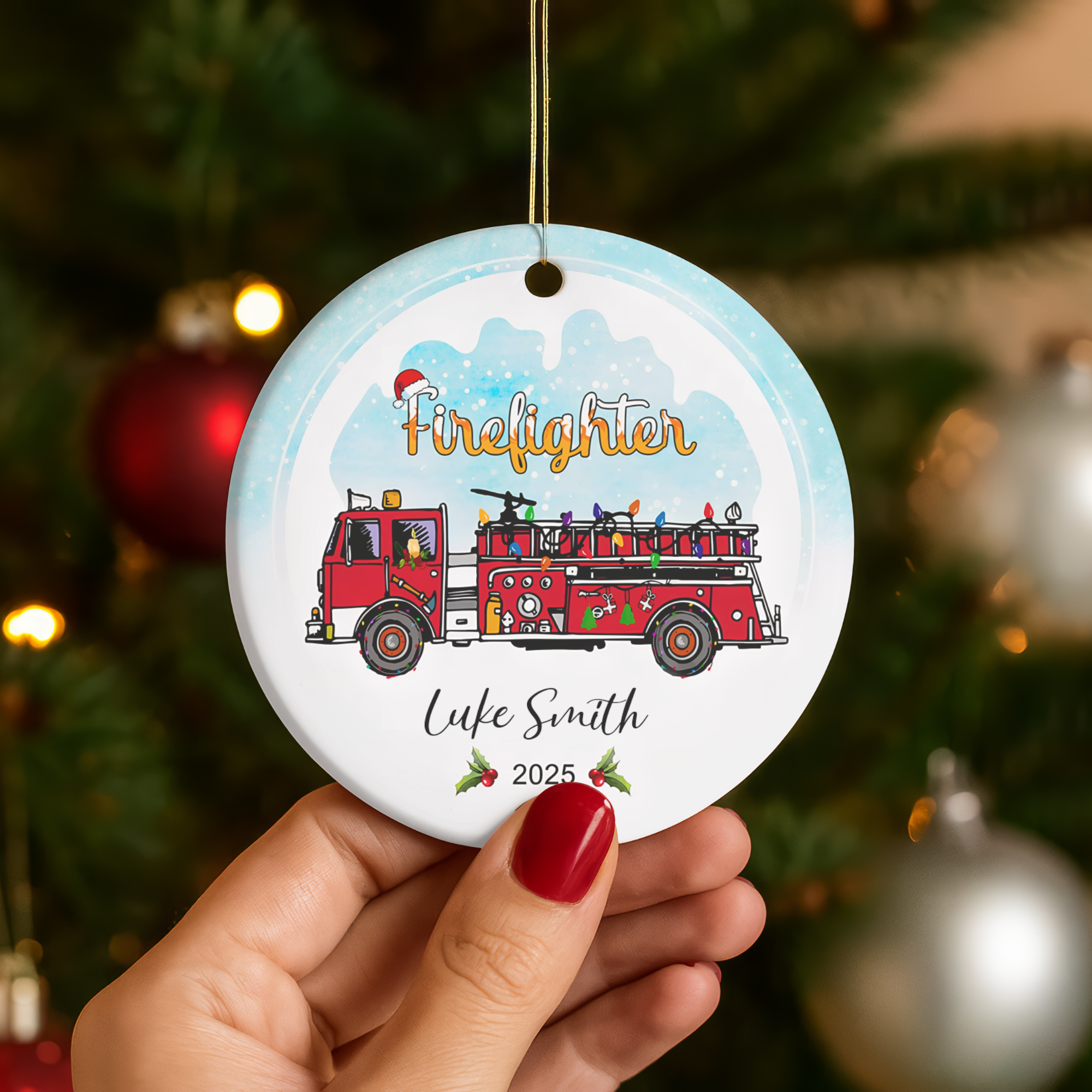 Personalized Firefighter Christmas Ornament 2025 - Custom Fire Truck Holiday Decoration