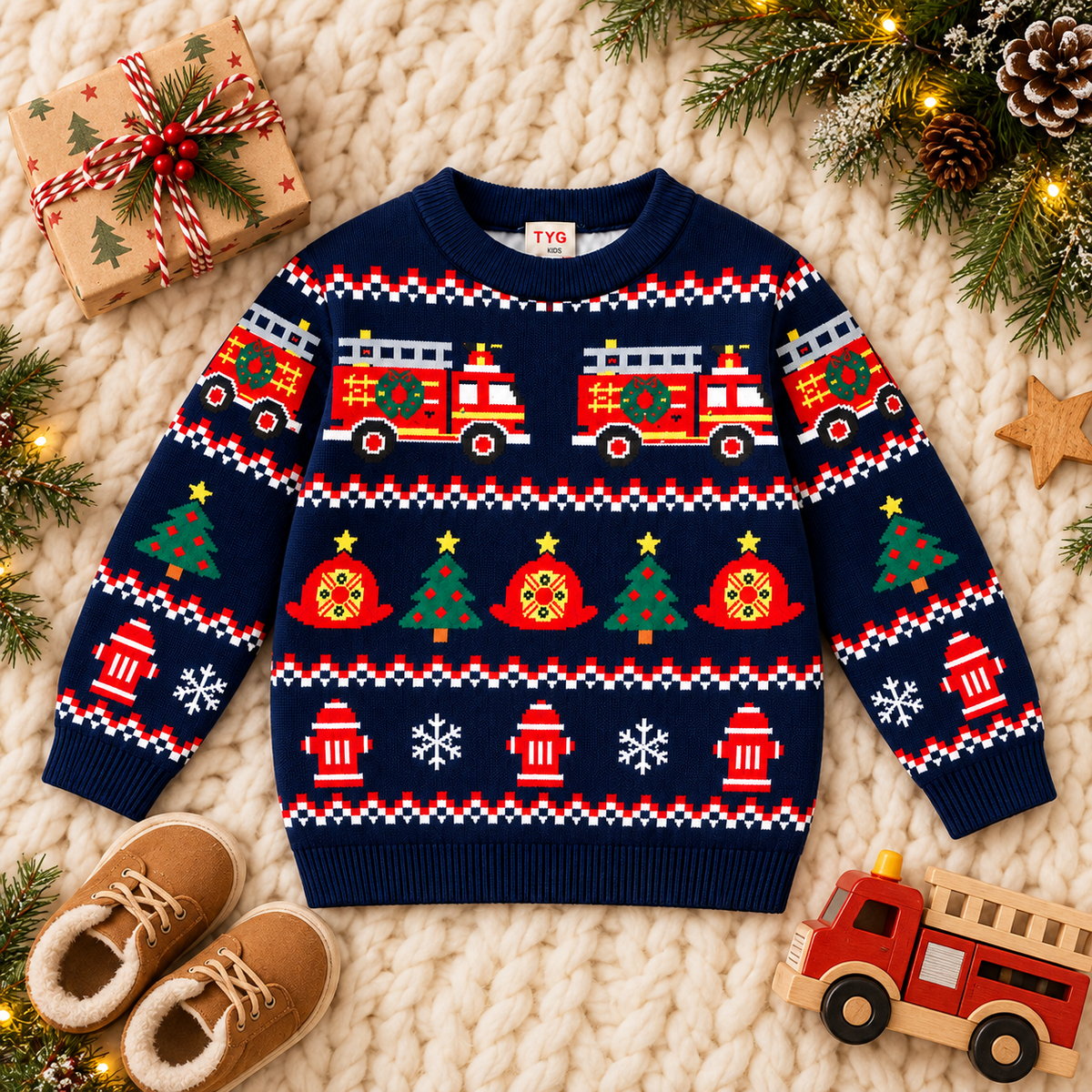 Kids Fire Truck Christmas Sweater – Firefighter Fair Isle Knit Pullover for Boys & Girls