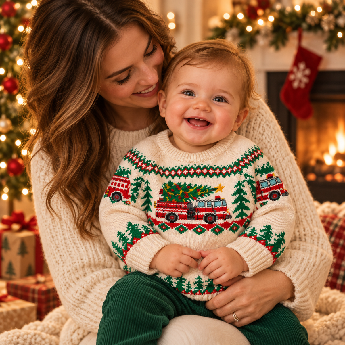 Baby Fire Truck Christmas Sweater – Fair Isle Knit Pullover for Boys & Girls