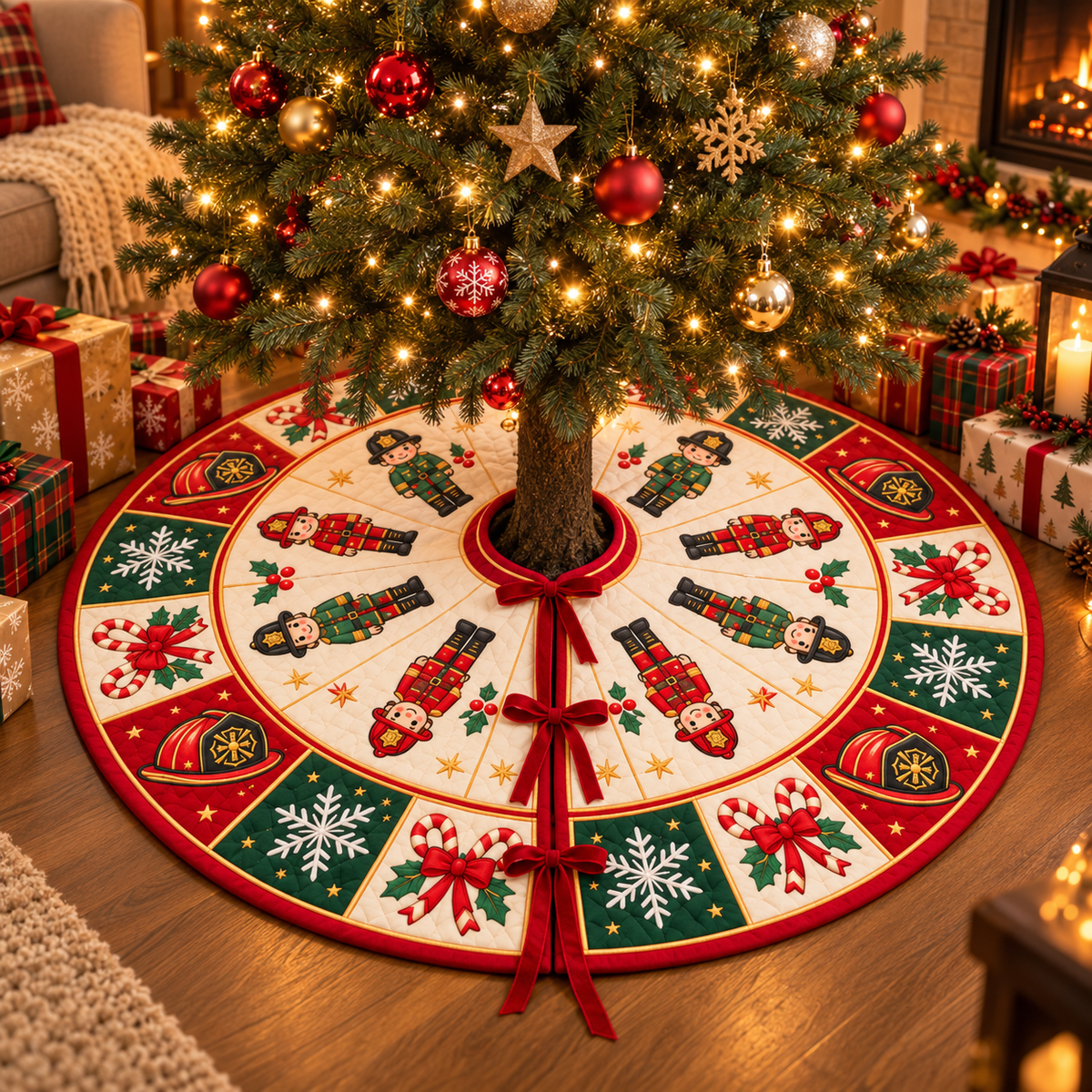 Firefighter Quilted Christmas Tree Skirt - Nutcracker Fire Department Holiday Decor
