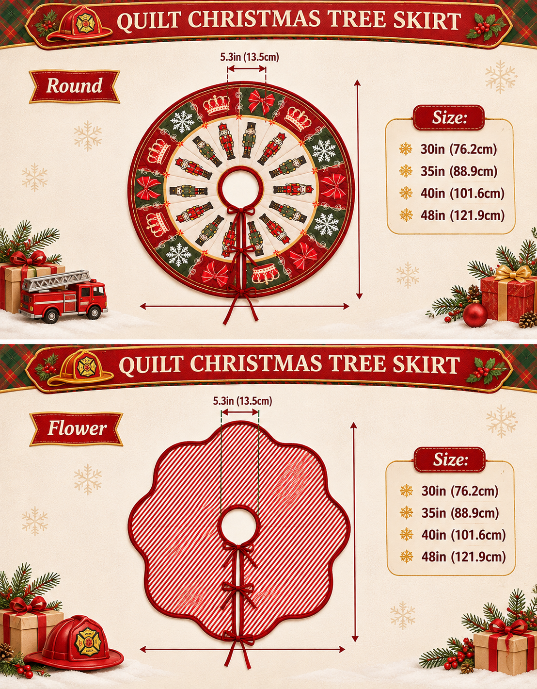 Firefighter Quilted Christmas Tree Skirt - Nutcracker Fire Department Holiday Decor