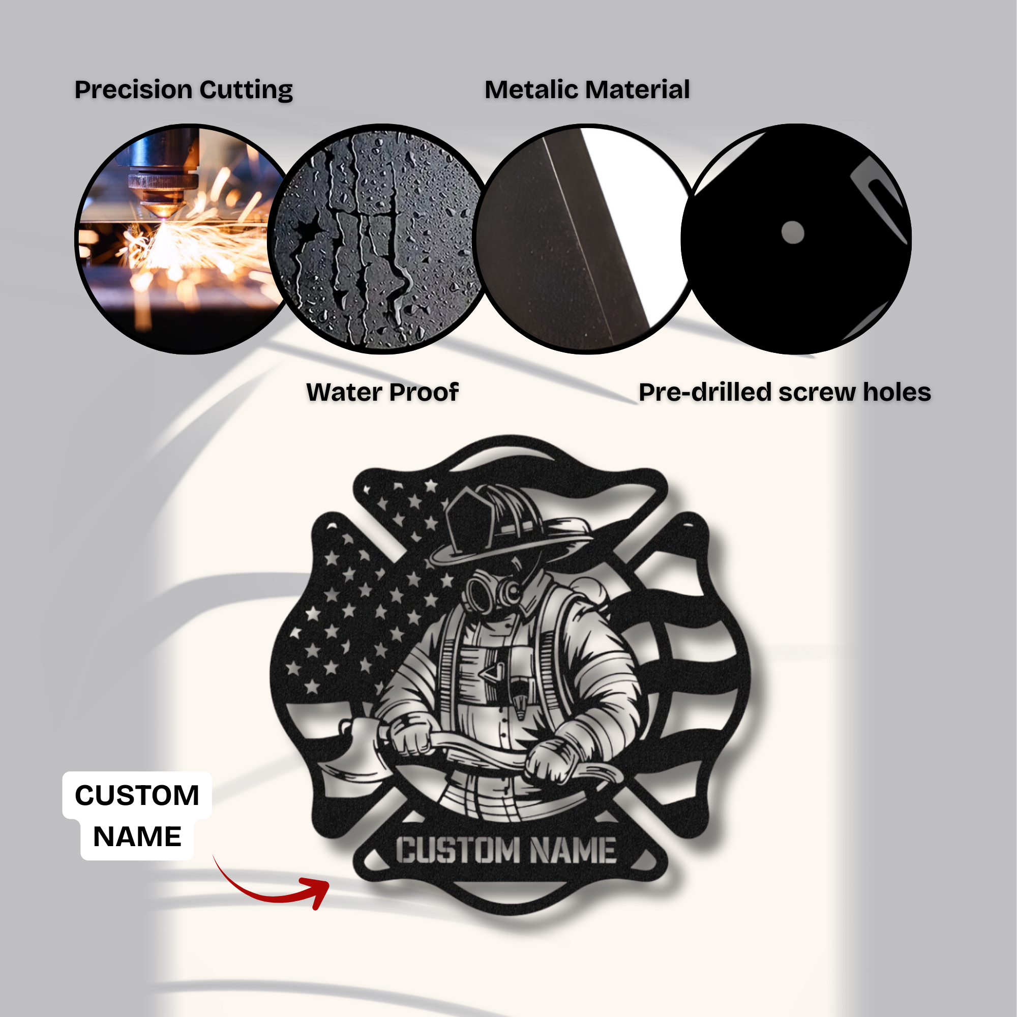 Feuerwehrmaske mit gekreuzten Äxten – Individuelles Namensschild aus Metall – Personalisierte Wanddekoration