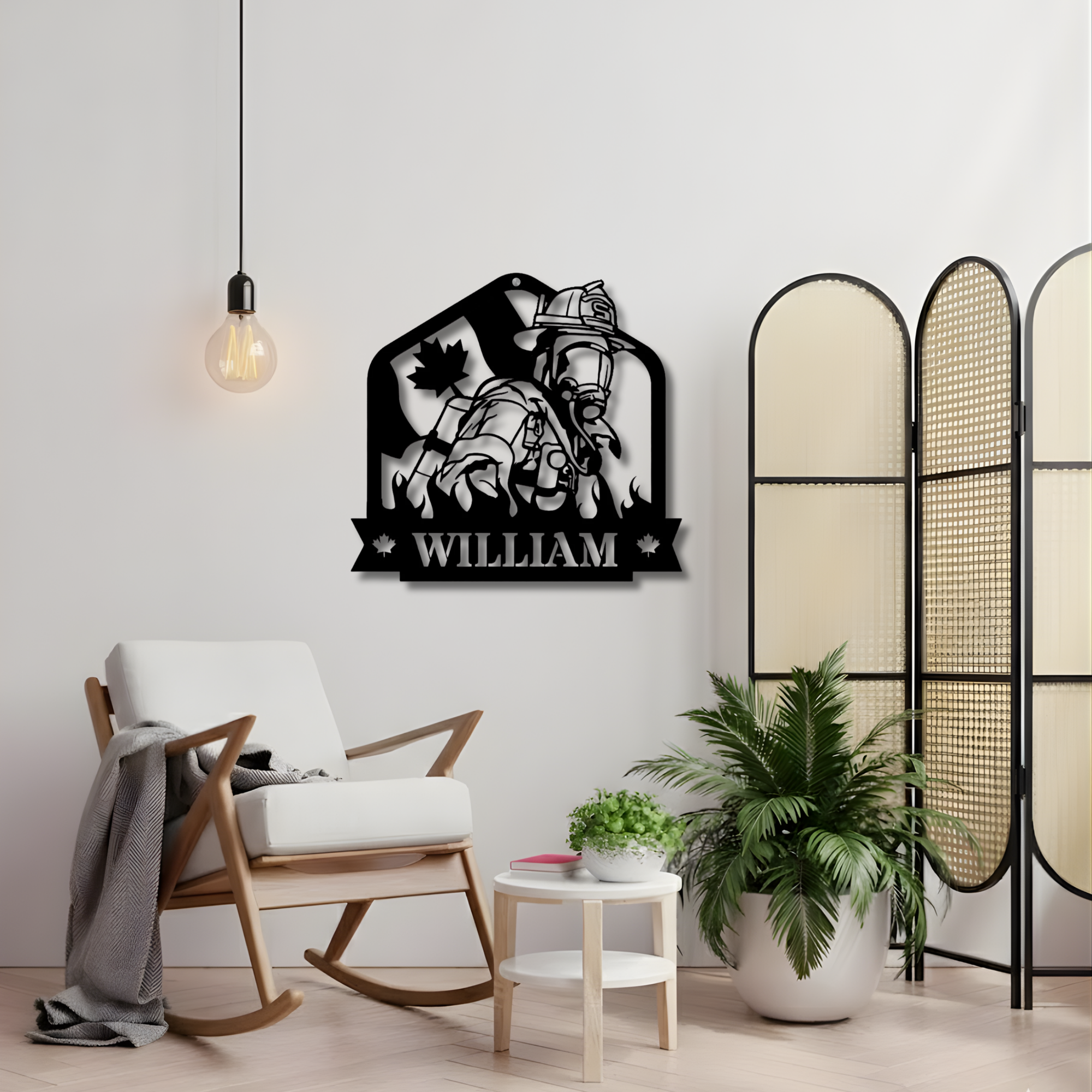 Feuerwehrmaske mit gekreuzten Äxten – Individuelles Namensschild aus Metall – Personalisierte Wanddekoration
