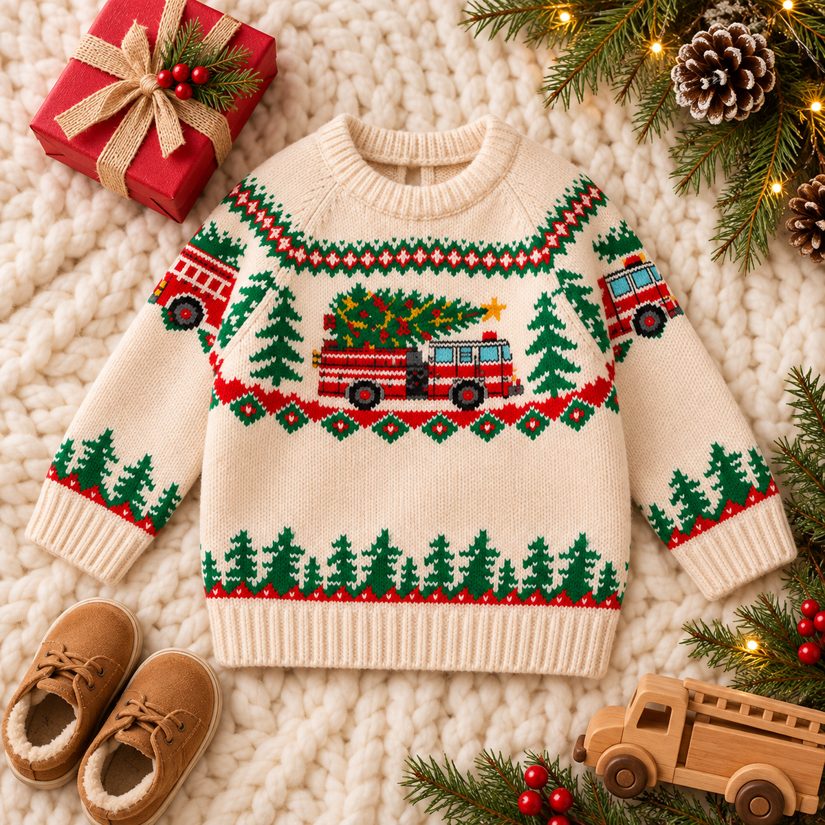 Kids Fire Truck Christmas Sweater – Fair Isle Knit Pullover for Boys & Girls