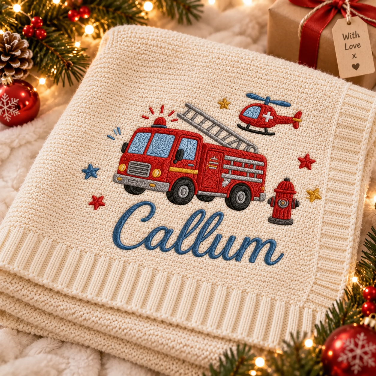 Personalized Fire Truck Baby Blanket | Custom Embroidered Name Knit Keepsake