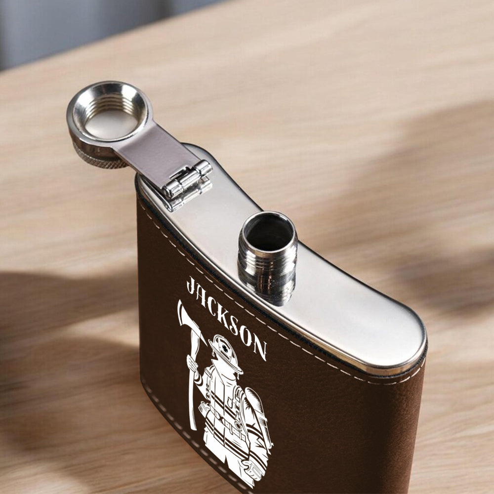 Personalized Firefighter Flask - Custom Name Leather Hip Flask 6oz