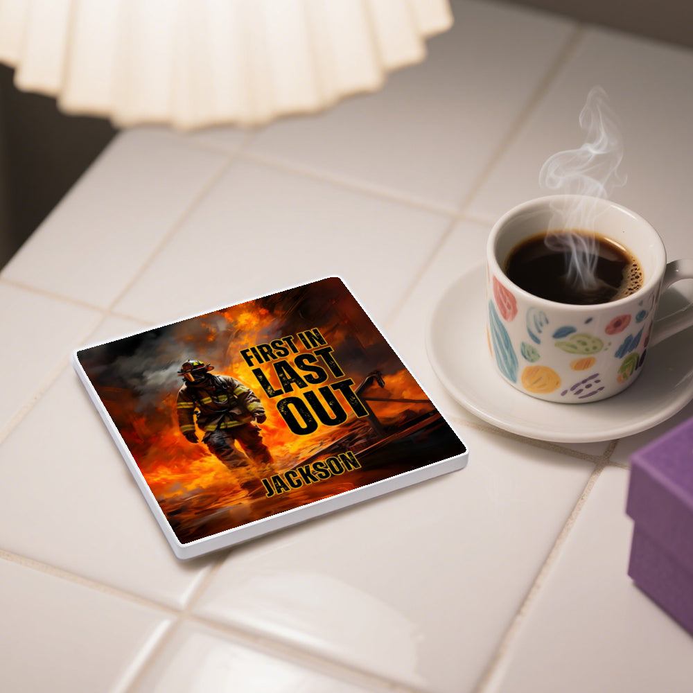 Personalized Firefighter Ceramic Coaster - Custom First In Last Out Name - Firerescuetm LLC