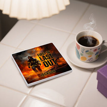 Personalized Firefighter Ceramic Coaster - Custom First In Last Out Name - Firerescuetm LLC