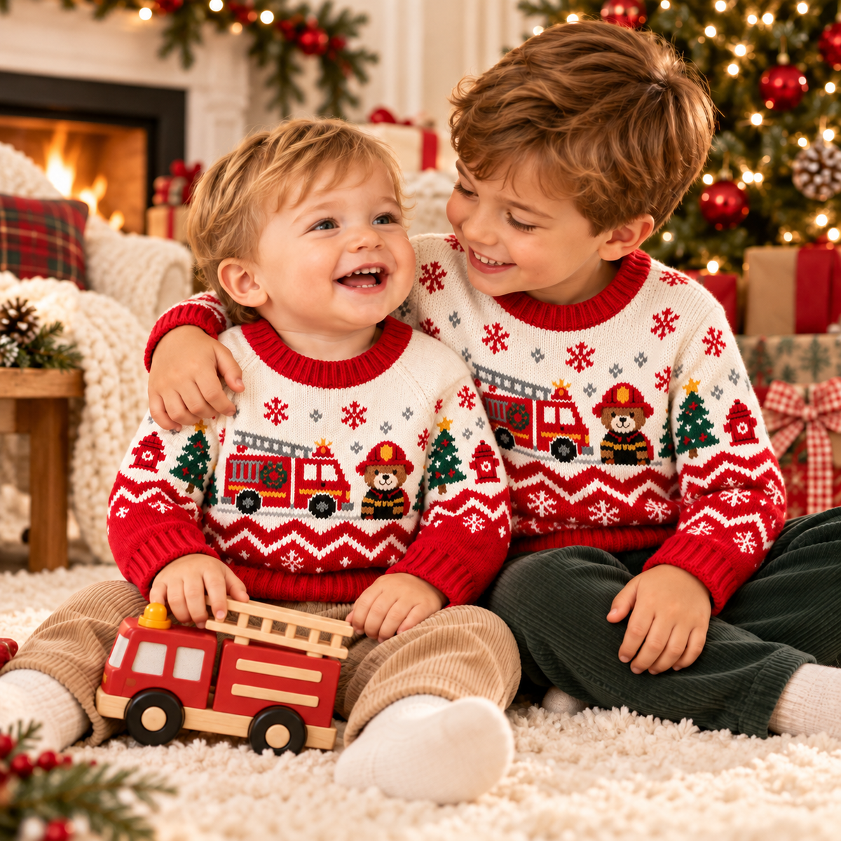Baby Firefighter Bear Christmas Sweater – Firefighter Fair Isle Knit Pullover for Boys & Girls