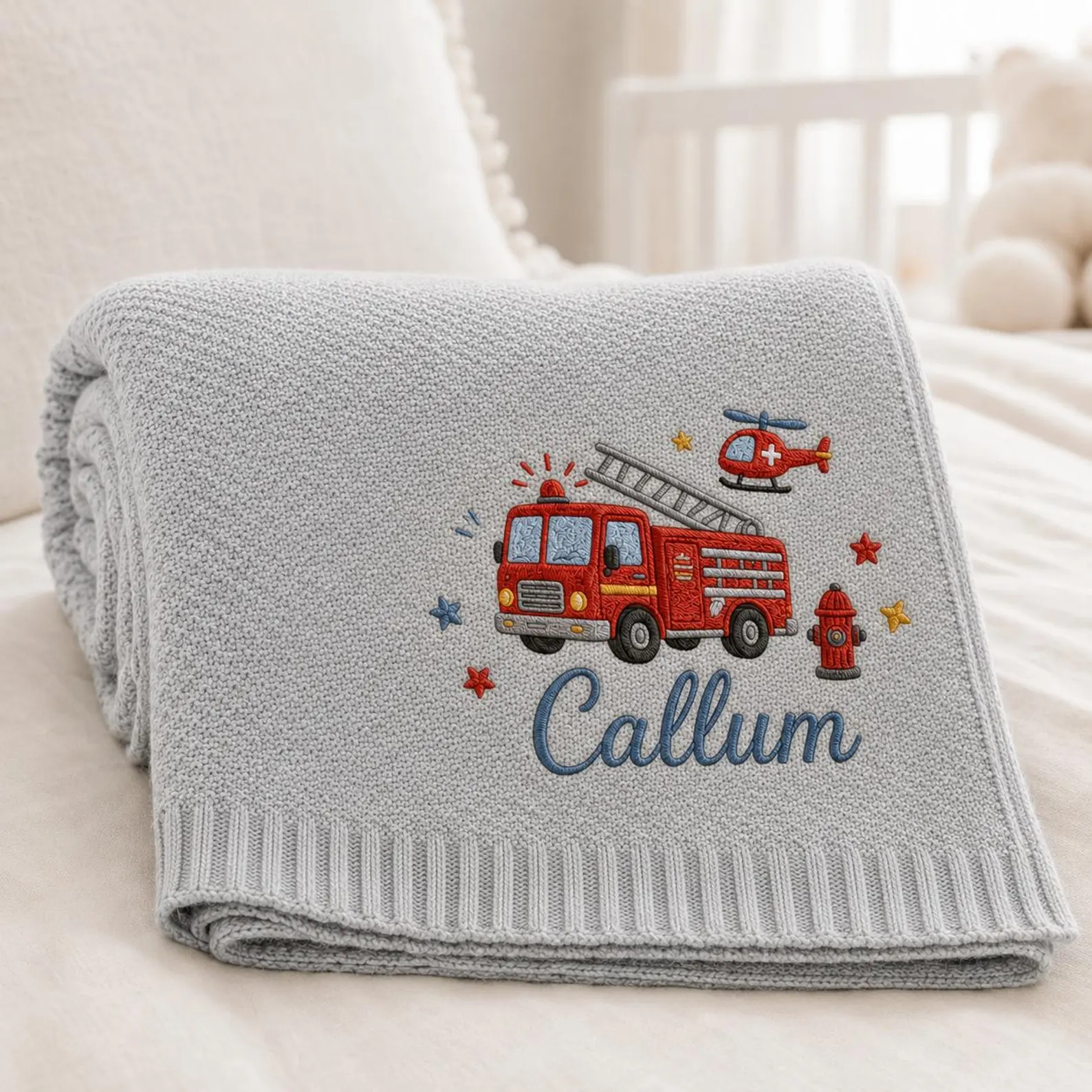 Personalized Fire Truck Baby Blanket | Custom Embroidered Name Knit Keepsake
