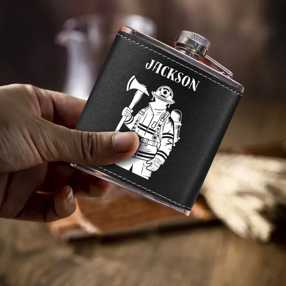 Personalized Firefighter Flask - Custom Name Leather Hip Flask 6oz