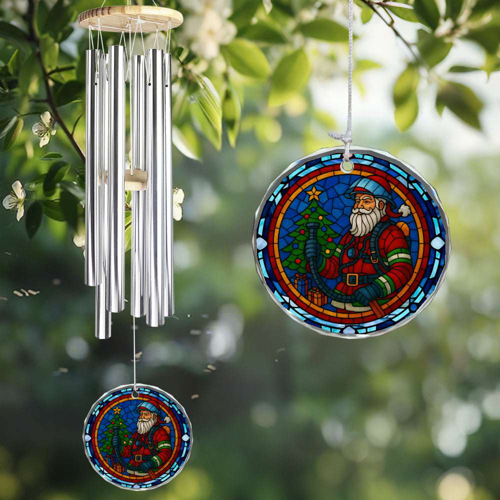 Firefighter Santa Wind Chime - Glass Ornament Christmas Decor