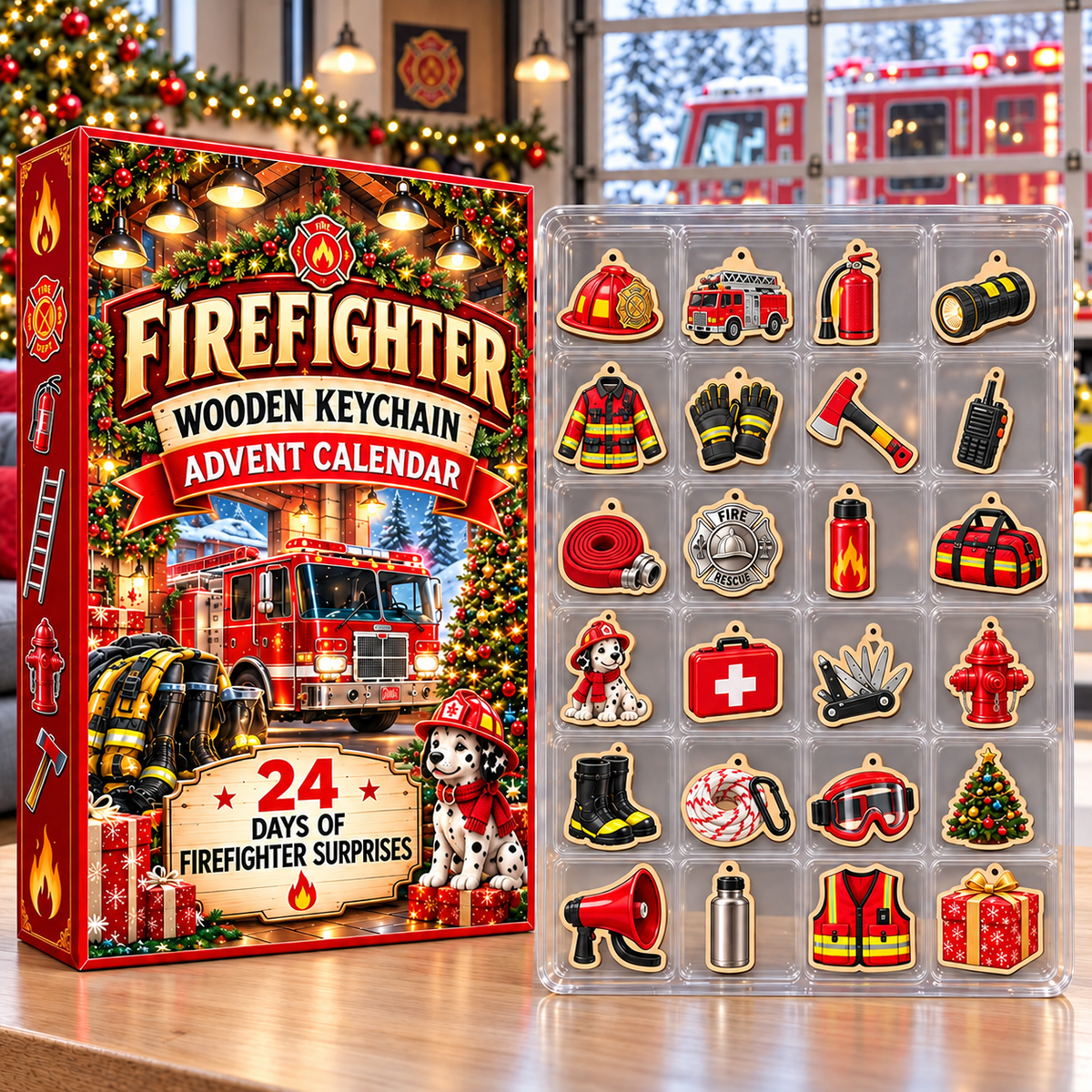 Firefighter Advent Calendar with 24 Wooden Keychains