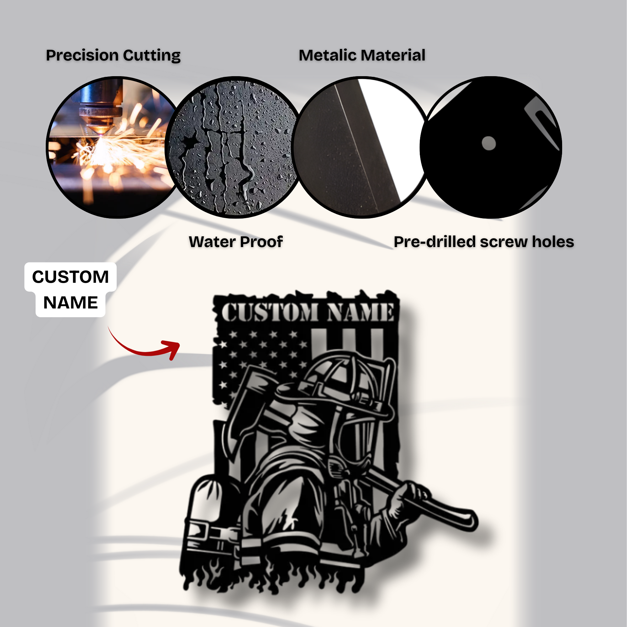 Feuerwehrmaske mit gekreuzten Äxten – Individuelles Namensschild aus Metall – Personalisierte Wanddekoration