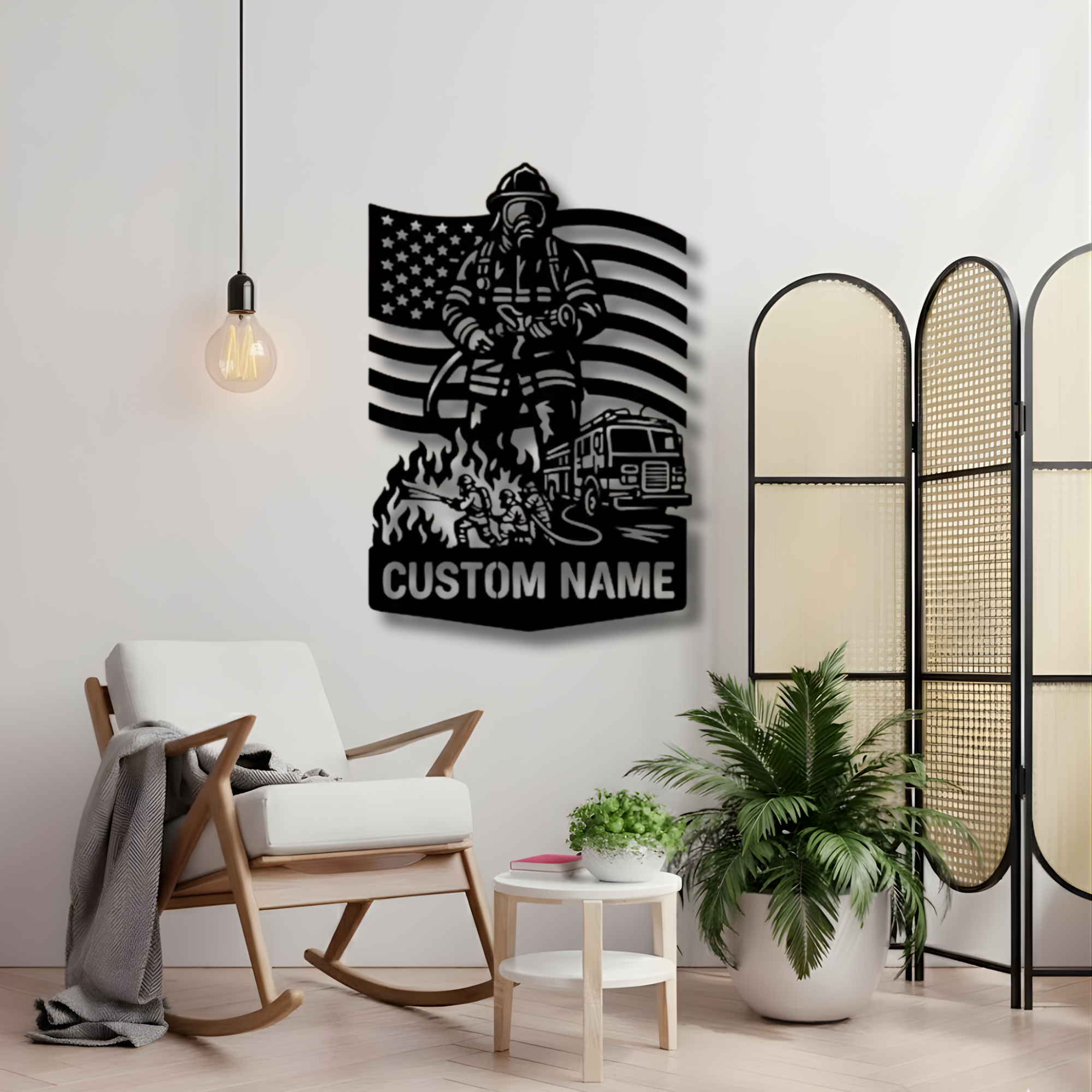 Feuerwehrmaske mit gekreuzten Äxten – Individuelles Namensschild aus Metall – Personalisierte Wanddekoration