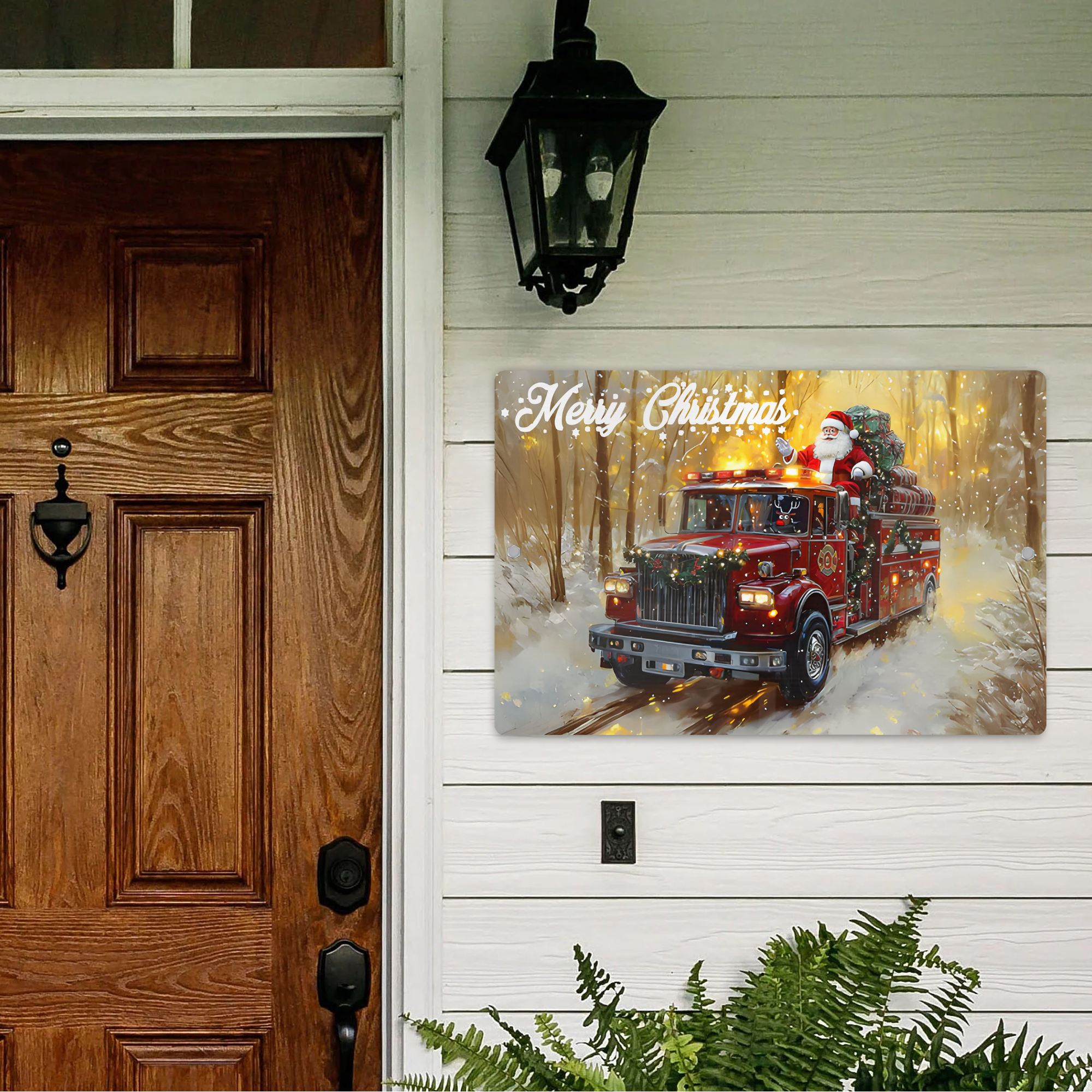 Firefighter Santa Fire Truck - Christmas Metal Sign