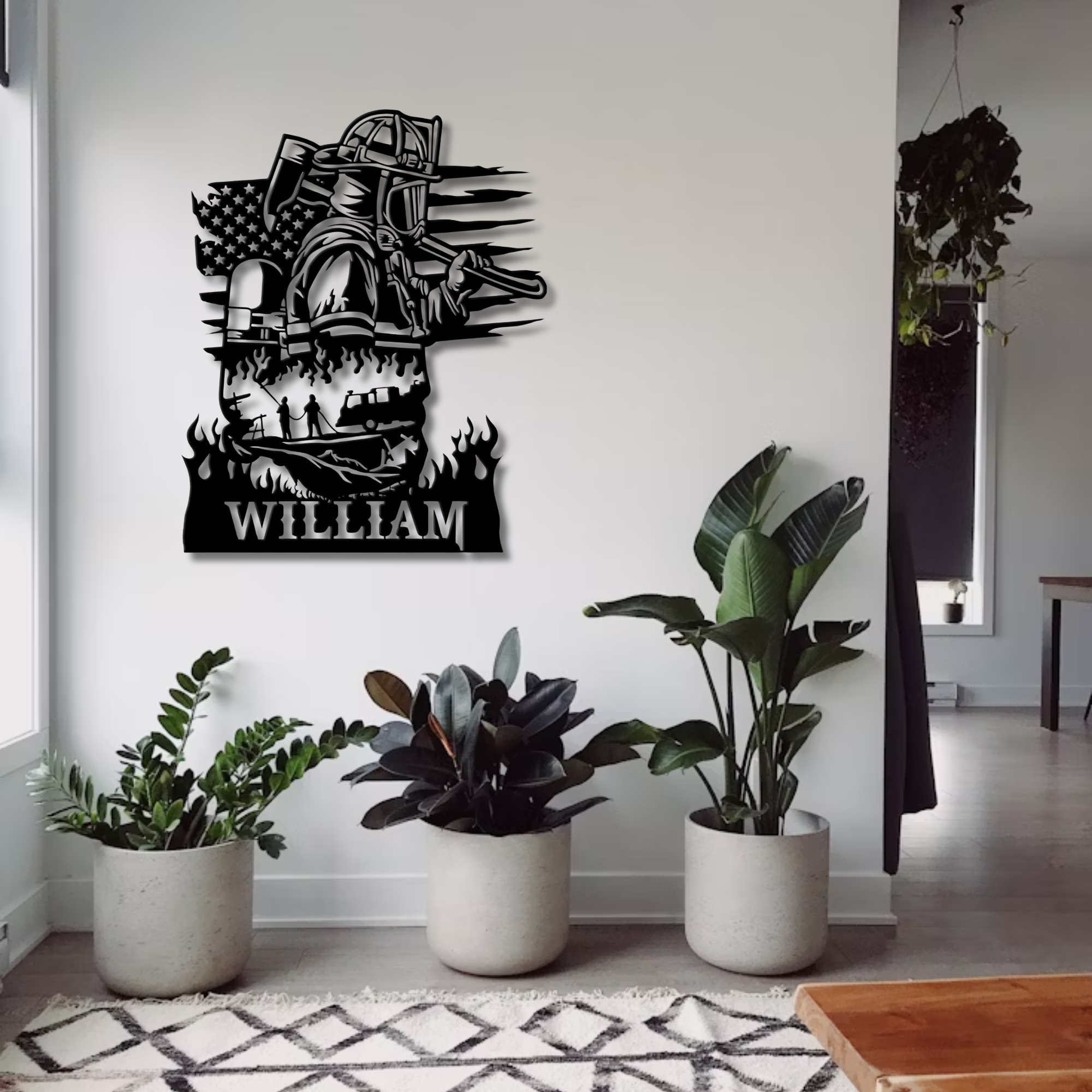 Feuerwehrmaske mit gekreuzten Äxten – Individuelles Namensschild aus Metall – Personalisierte Wanddekoration