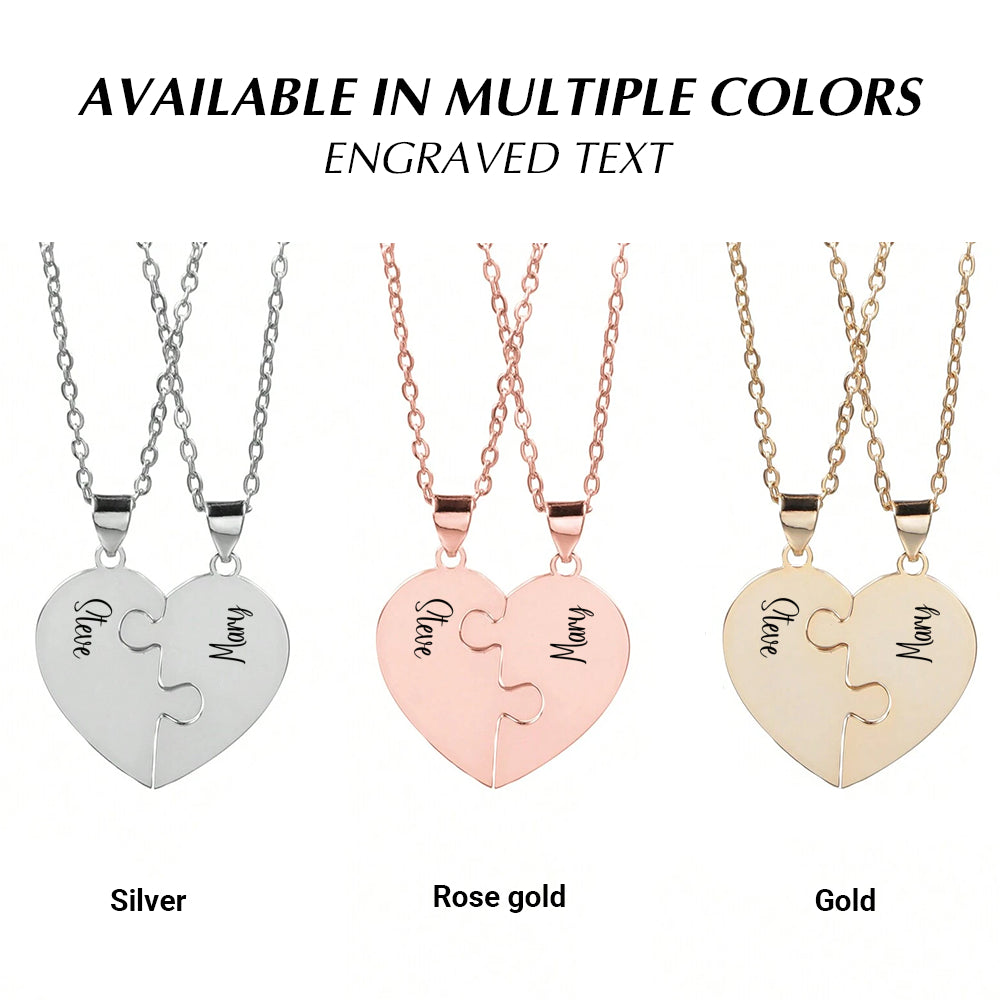 Personalized Couple Necklace Set - Custom Heart Puzzle Name Engraved
