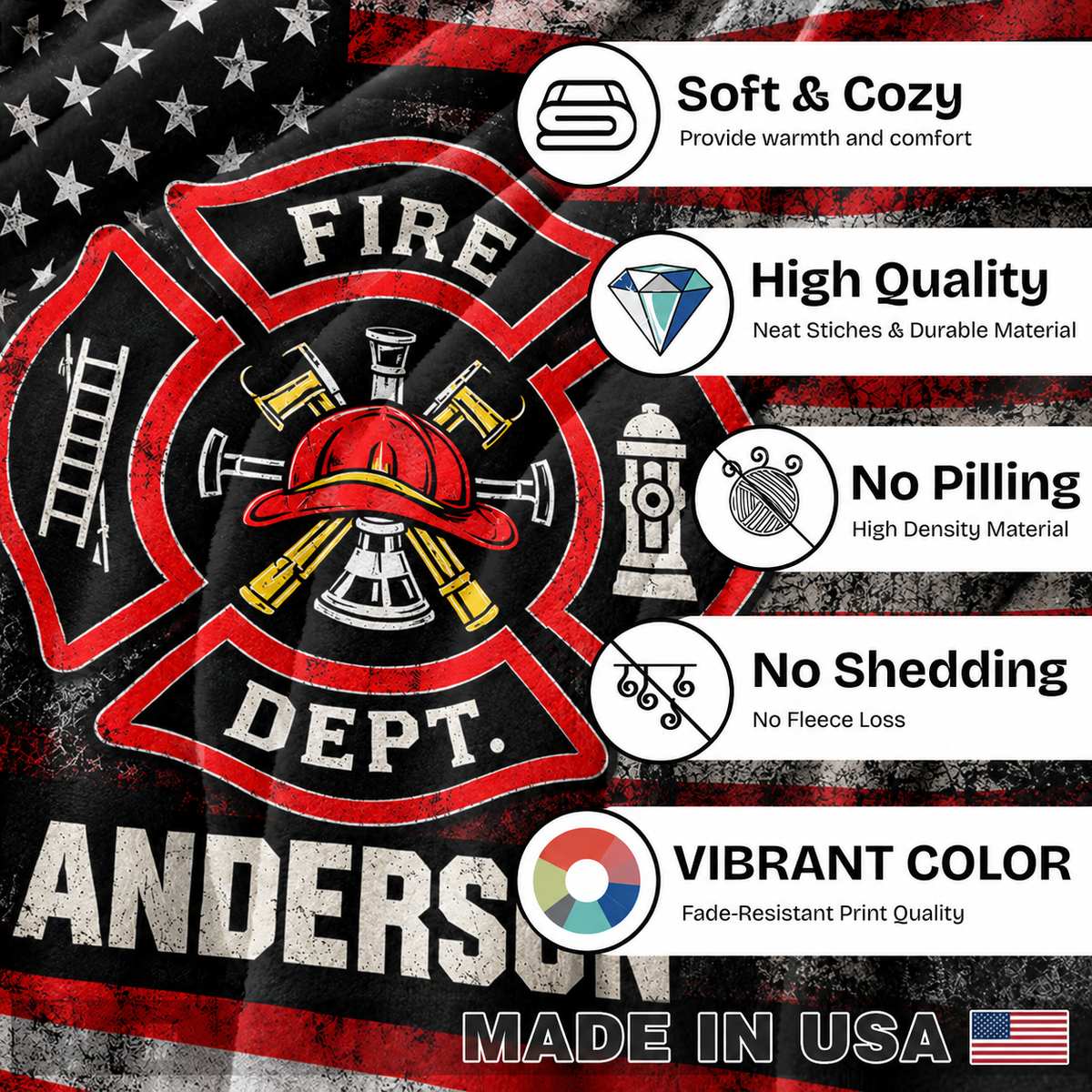 Personalized Fire Department Blanket - Custom Name Firefighter Maltese Cross American Flag