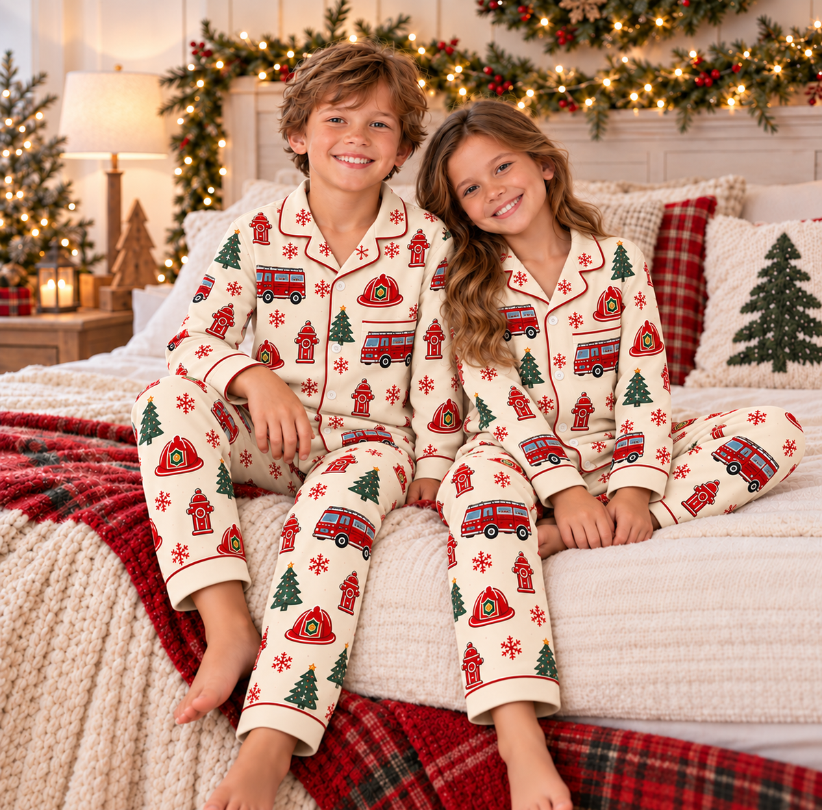 Christmas Kids Satin Pajama Set – Festive All-Over Print Long Sleeve PJs