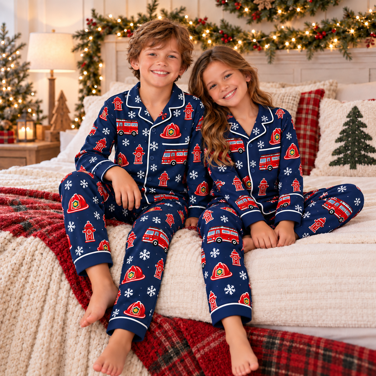Christmas Kids Satin Pajama Set – Festive All-Over Print Long Sleeve PJs