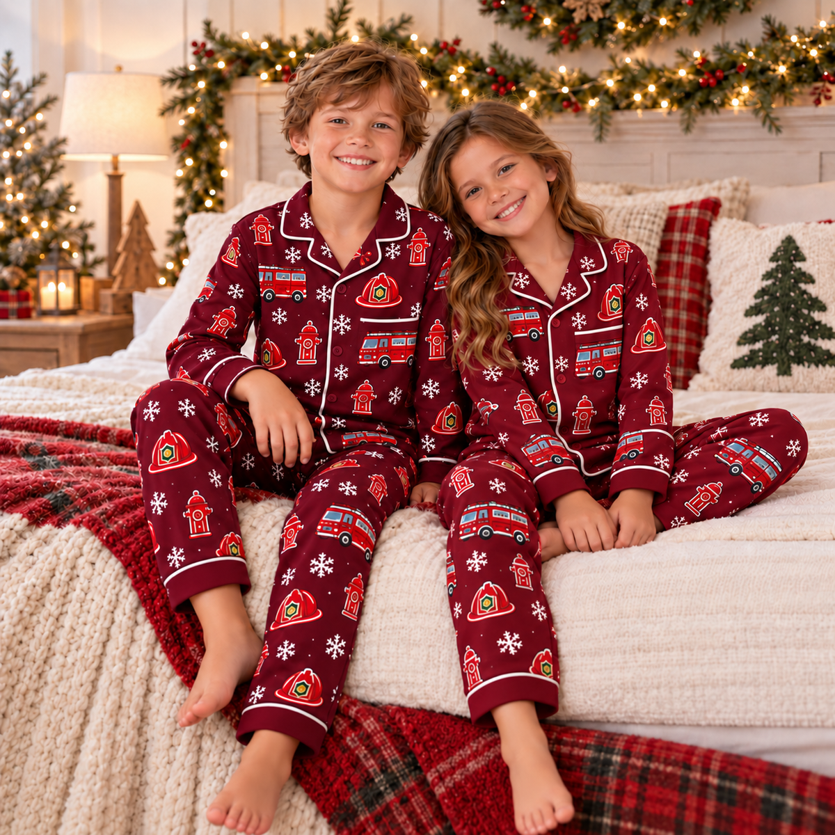 Christmas Kids Satin Pajama Set – Festive All-Over Print Long Sleeve PJs