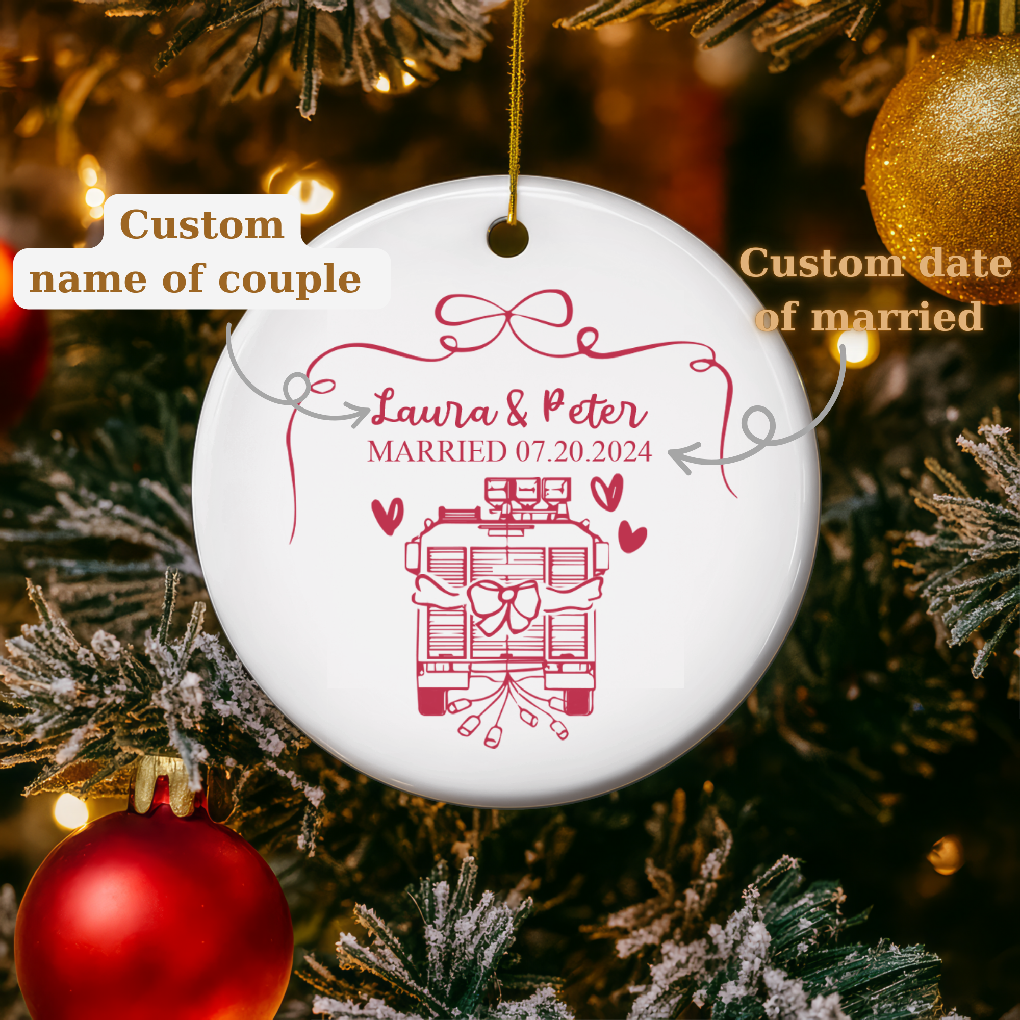 Ornement de mariage personnalisé sur le thème des pompiers - Camion de pompiers personnalisé avec les noms du couple et la date