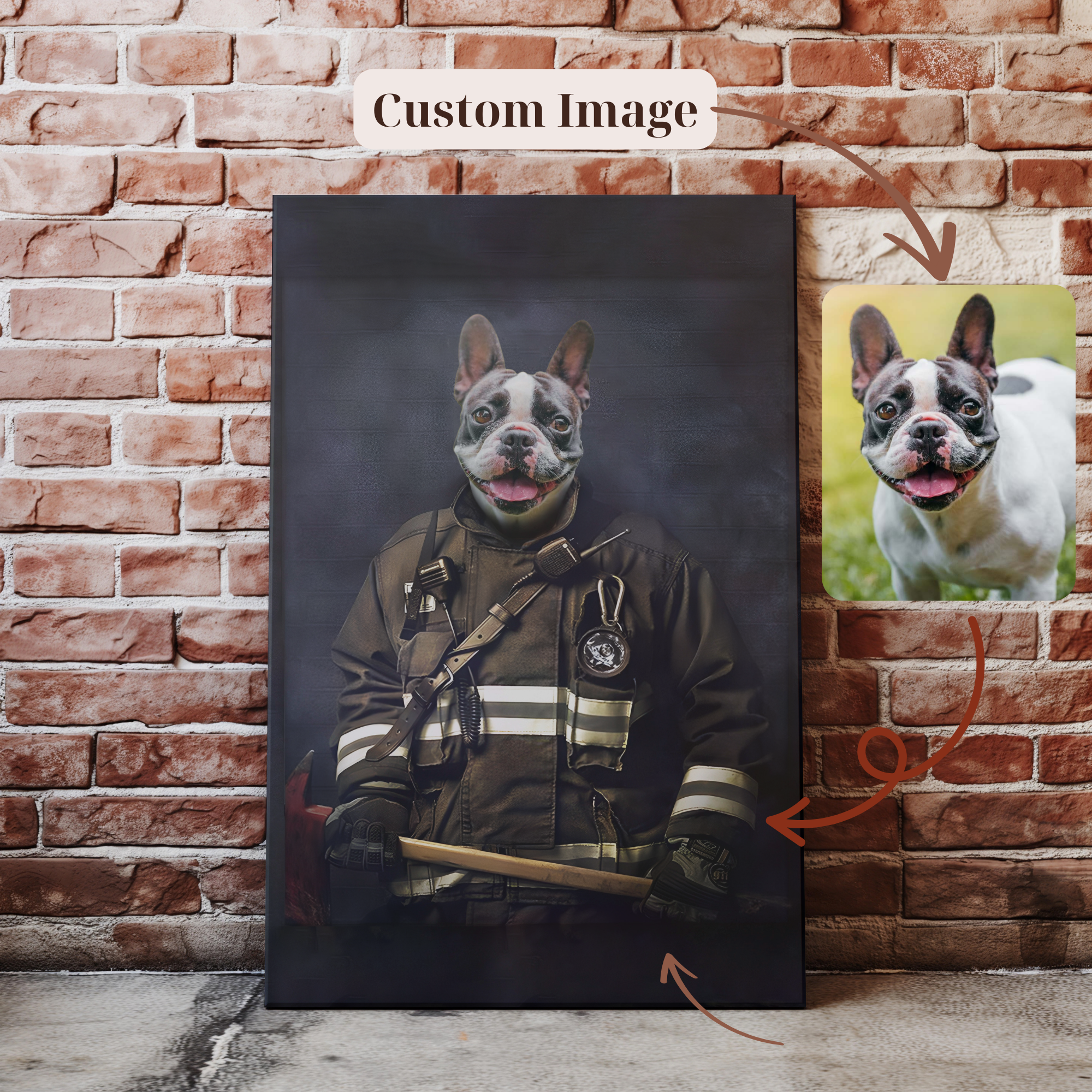 Custom Pet Photo Firefighter Portrait Matte Canvas- Studio Style