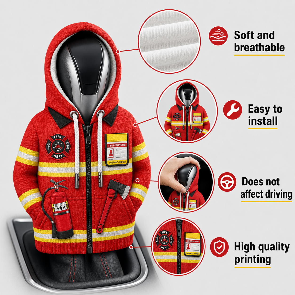 Firefighter Gear Shift Hoodie Cover – Red Mini Car Shifter Knob Protector