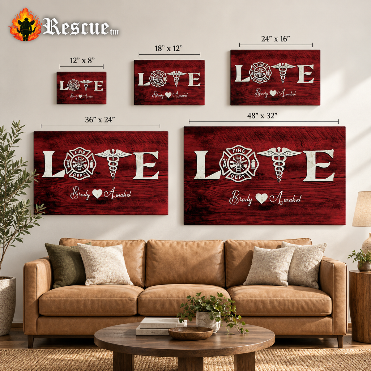 Firefighter & Nurse Couple Personalized Canvas Print | Custom Names Wall Art Gift