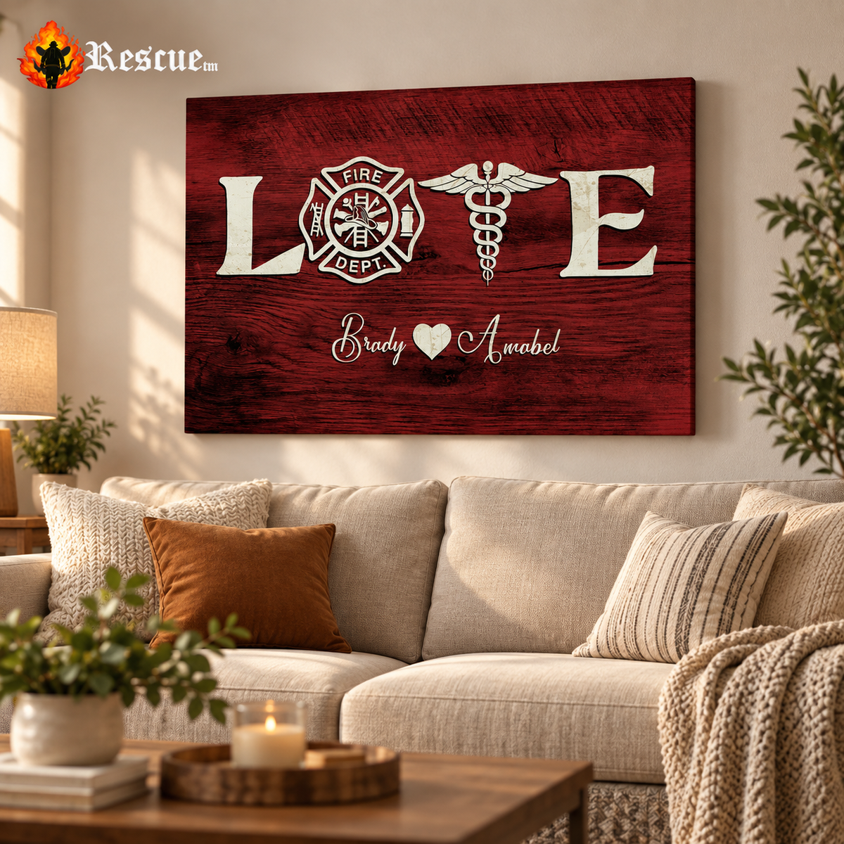 Firefighter & Nurse Couple Personalized Canvas Print | Custom Names Wall Art Gift