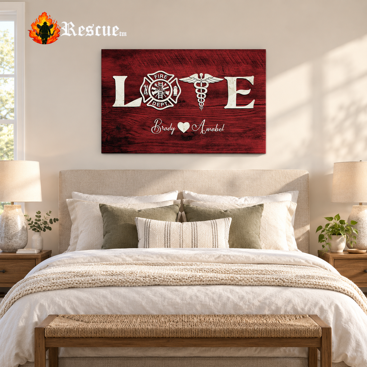 Firefighter & Nurse Couple Personalized Canvas Print | Custom Names Wall Art Gift