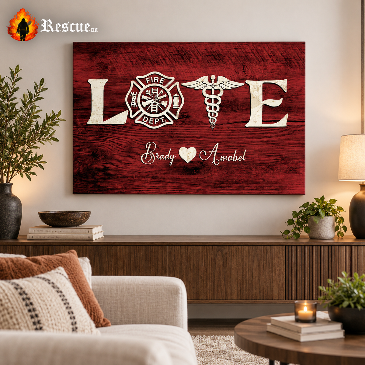 Firefighter & Nurse Couple Personalized Canvas Print | Custom Names Wall Art Gift