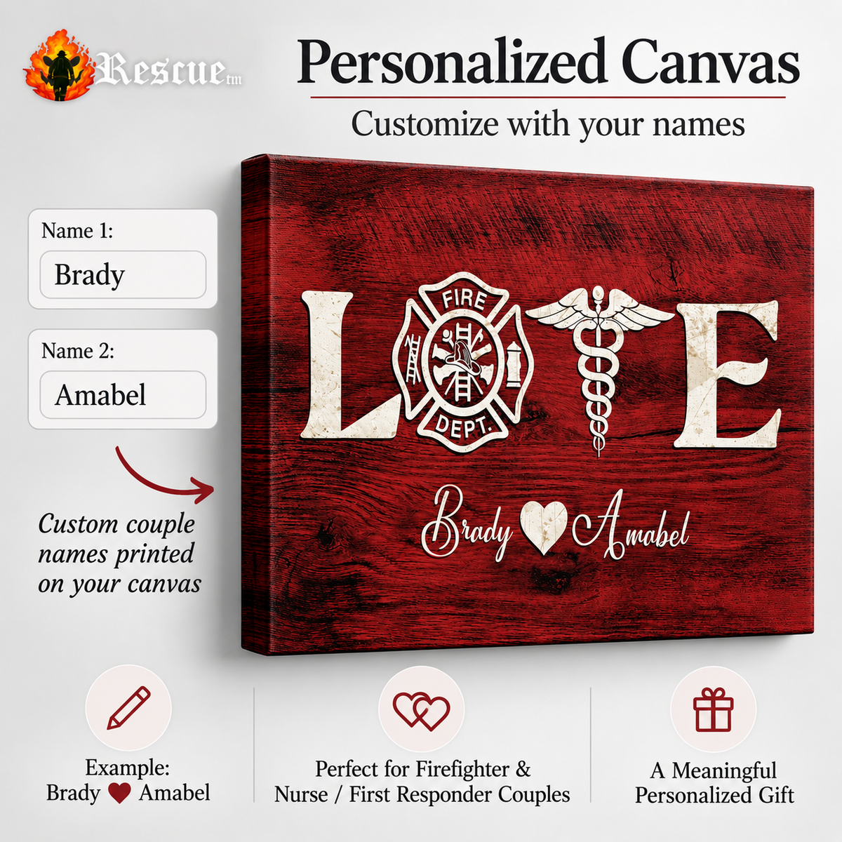 Firefighter & Nurse Couple Personalized Canvas Print | Custom Names Wall Art Gift