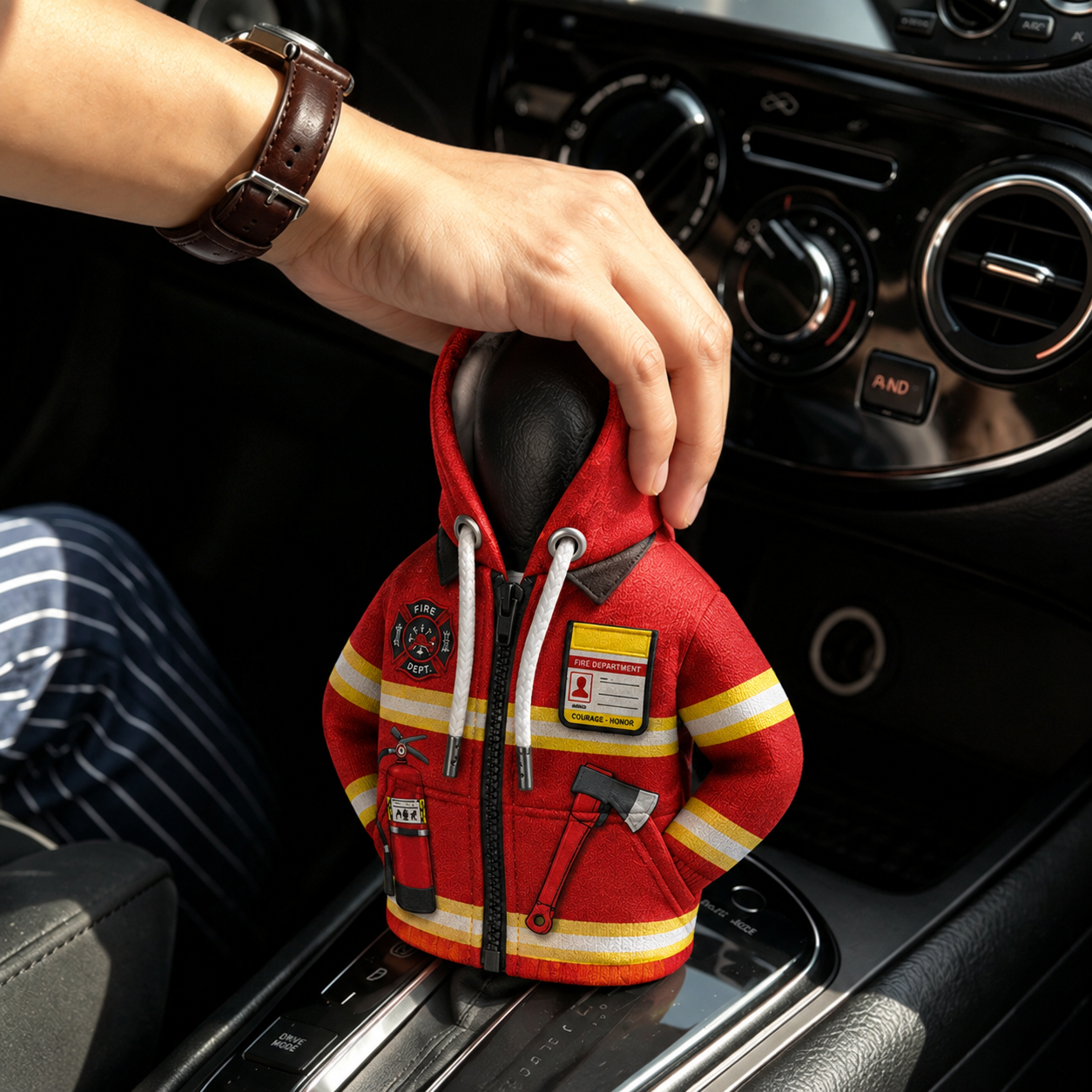 Firefighter Gear Shift Hoodie Cover – Red Mini Car Shifter Knob Protector