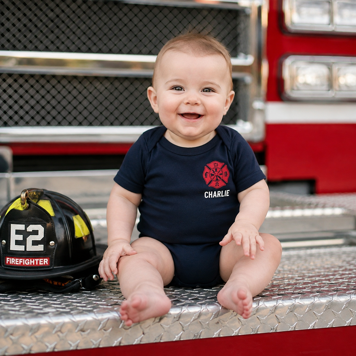 Firefighter Baby Bodysuit with Maltese Cross - Custom Name Front & Optional Back
