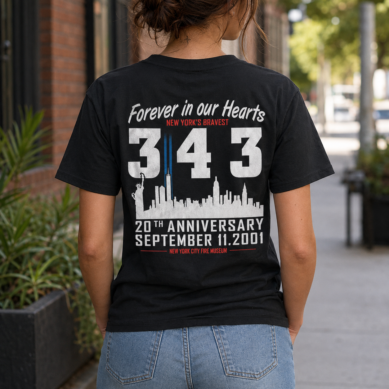Forever In Our Hearts 343 Firefighters 9/11 Memorial T-Shirt