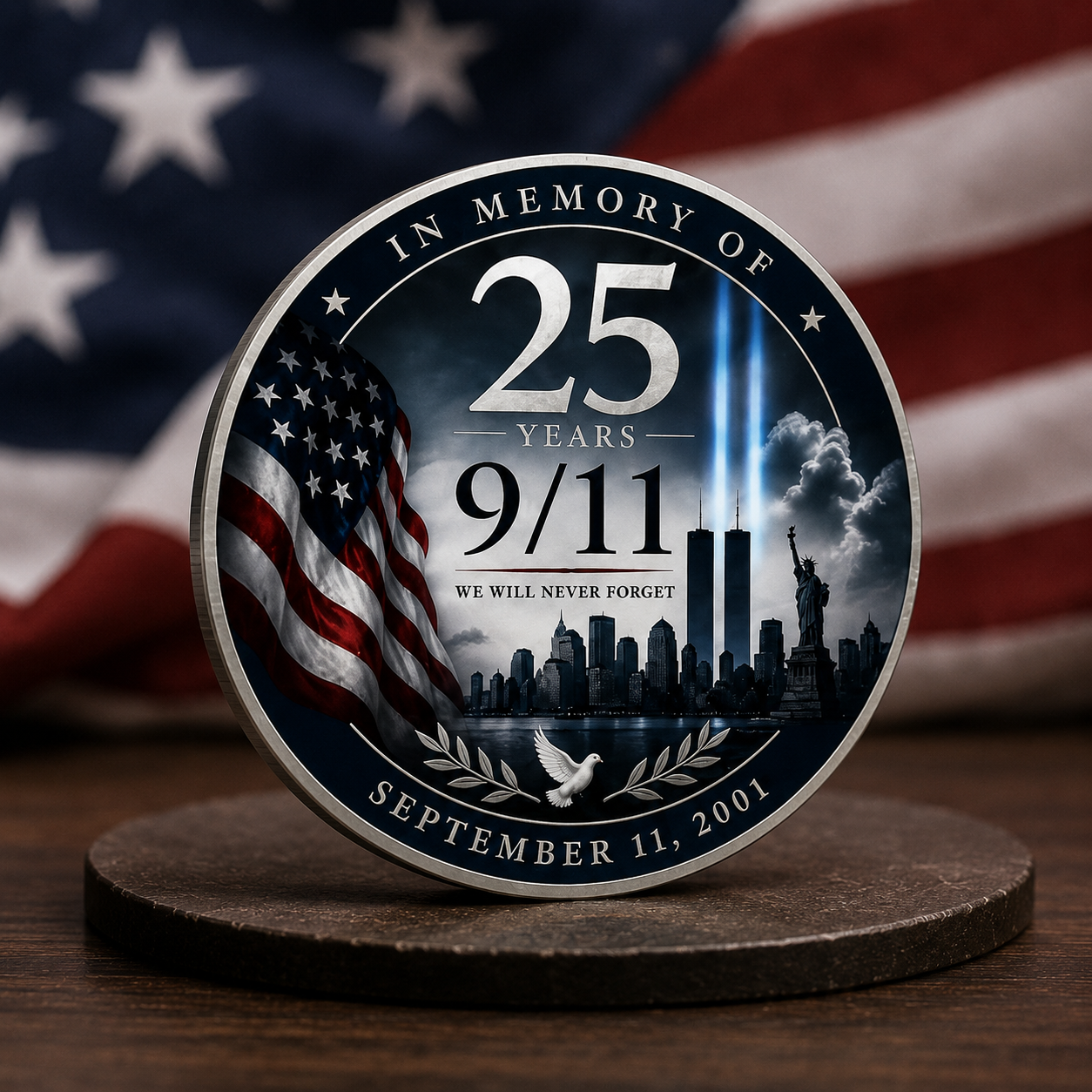 25th Anniversary 9/11 Memorial Challenge Coin – We Will Never Forget Double-Sided Commemorative Keepsake
