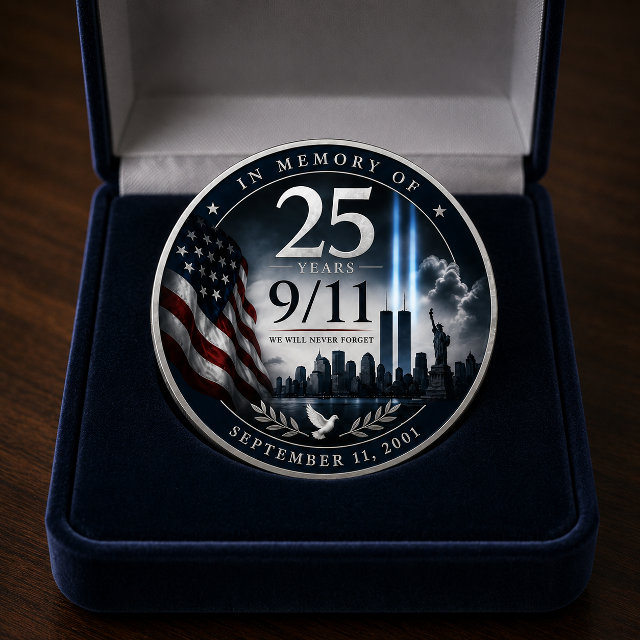 25th Anniversary 9/11 Memorial Challenge Coin – We Will Never Forget Double-Sided Commemorative Keepsake