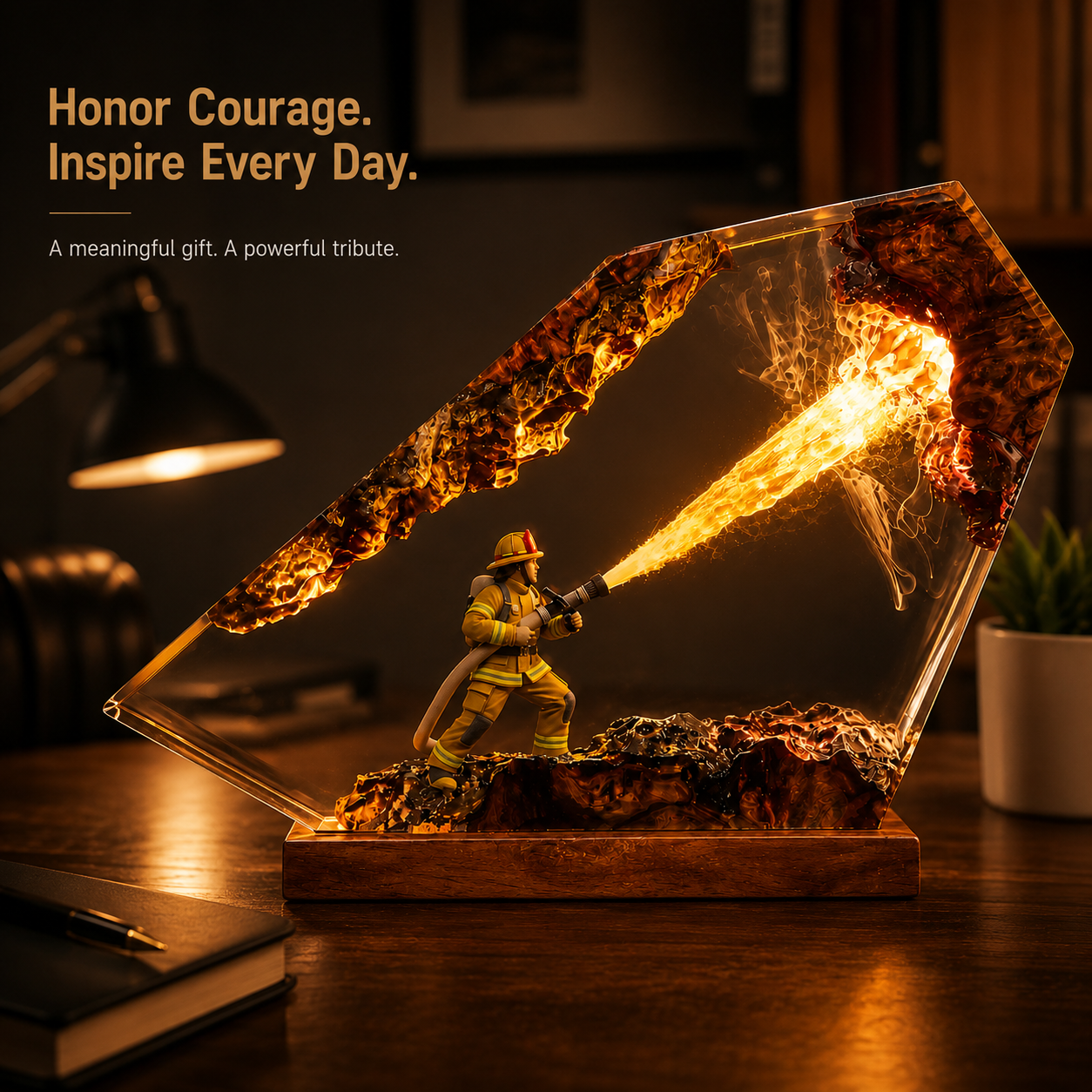 Firefighter Resin Lamp - Fire Department Epoxy Night Light, First Responder Desk Decor