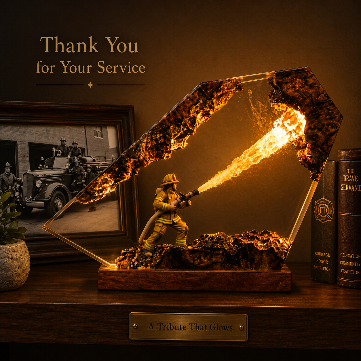 Firefighter Resin Lamp - Fire Department Epoxy Night Light, First Responder Desk Decor