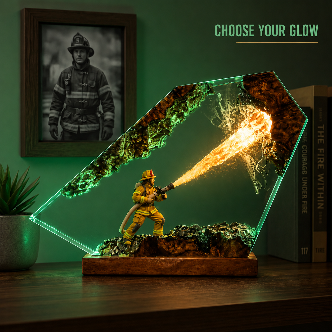 Firefighter Resin Lamp - Fire Department Epoxy Night Light, First Responder Desk Decor