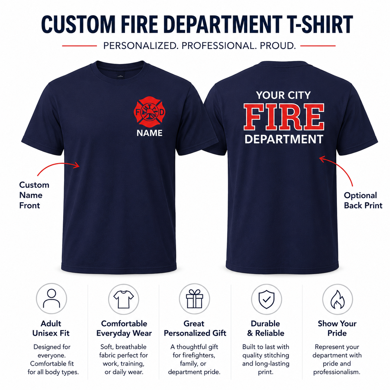 Firefighter Adult Tshirt with Maltese Cross - Custom Name Front & Optional Back